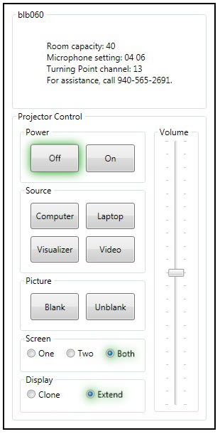 Screenshot of projector control panel settings